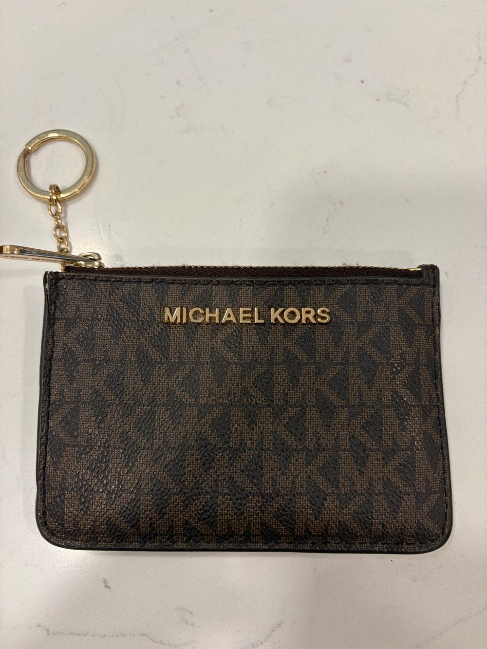 Michael Kors “Jet Set” Dark Brown (Green Accent) card holder with gold accents